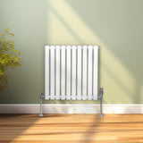 Ovaler Röhrenheizkörper in Weiß, 600mm x 600mm, mit glänzender Oberfläche und stabilen Füßen, ideal für moderne Wohnräume und effiziente Wärmeverteilung