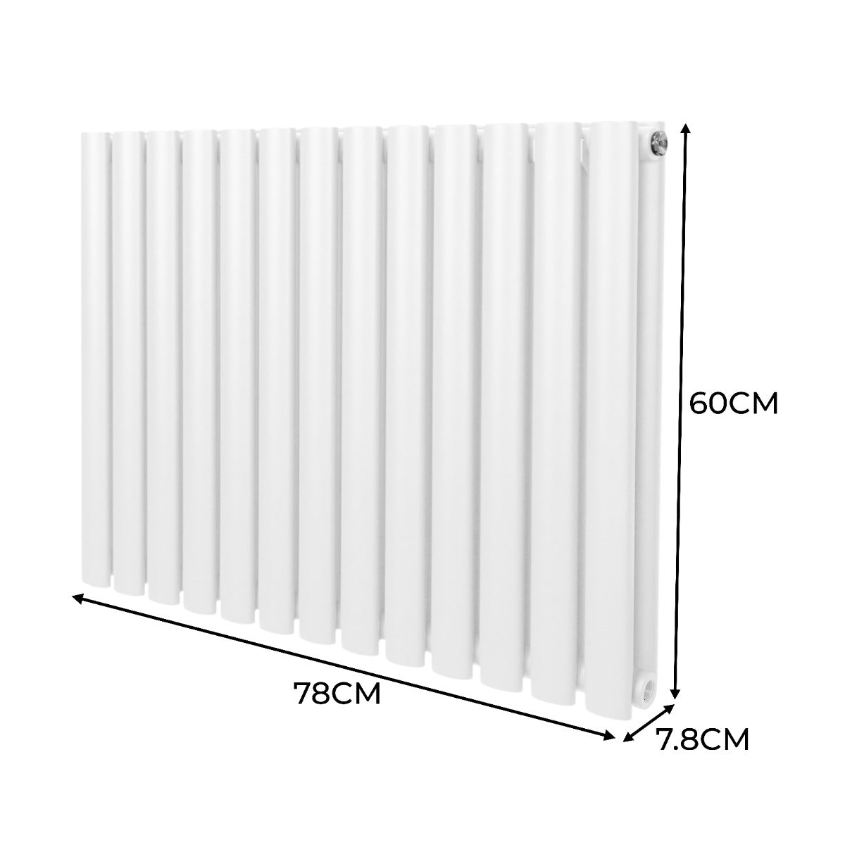 Ovaler Röhrenheizkörper in Weiß, 600mm hoch und 780mm breit, mit glatten, gleichmäßigen Röhren und modernem, minimalistischen Design