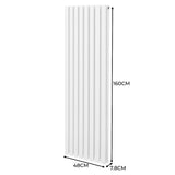 Ovaler Röhrenheizkörper in Weiß, 1600mm hoch und 480mm breit, mit vertikalen Lamellen für effiziente Wärmeverteilung und modernes Design