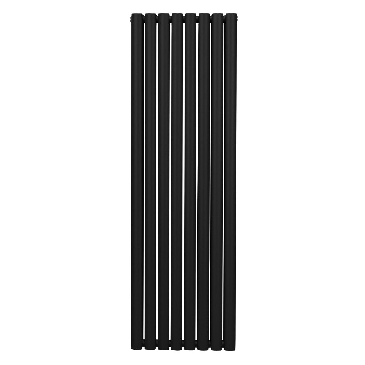 Schwarzer ovaler Röhrenheizkörper mit einer Höhe von 1600 mm und einer Breite von 480 mm, bestehend aus mehreren vertikalen Röhren mit glatter Oberfläche