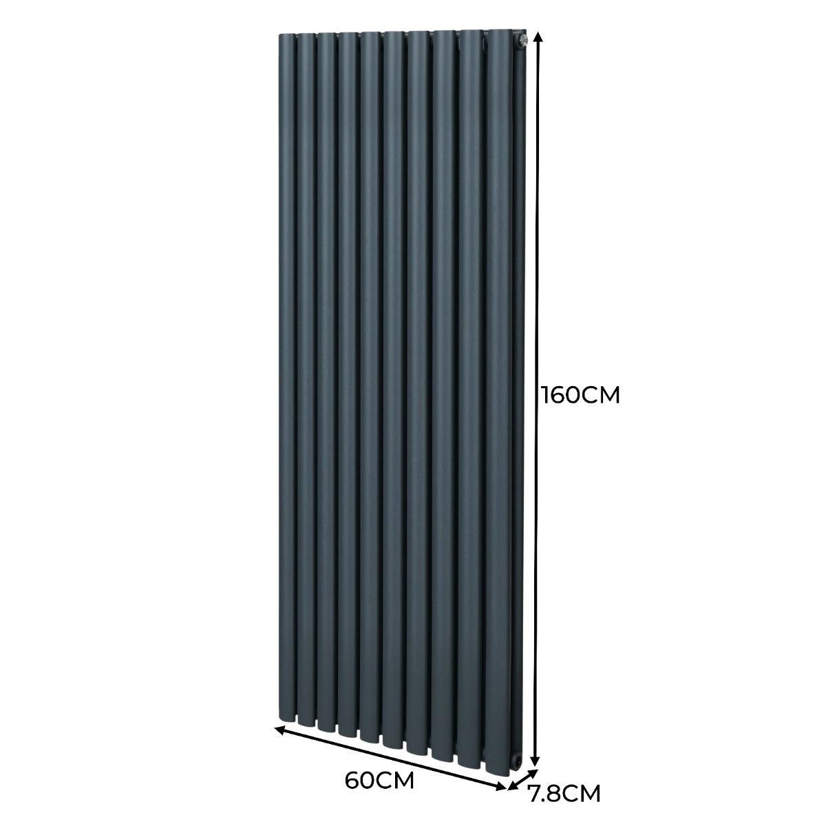 Ovaler Röhrenheizkörper in Anthrazitgrau, 1600mm hoch und 600mm breit, mit vertikalen Lamellen für moderne Heizlösungen und elegantes Design