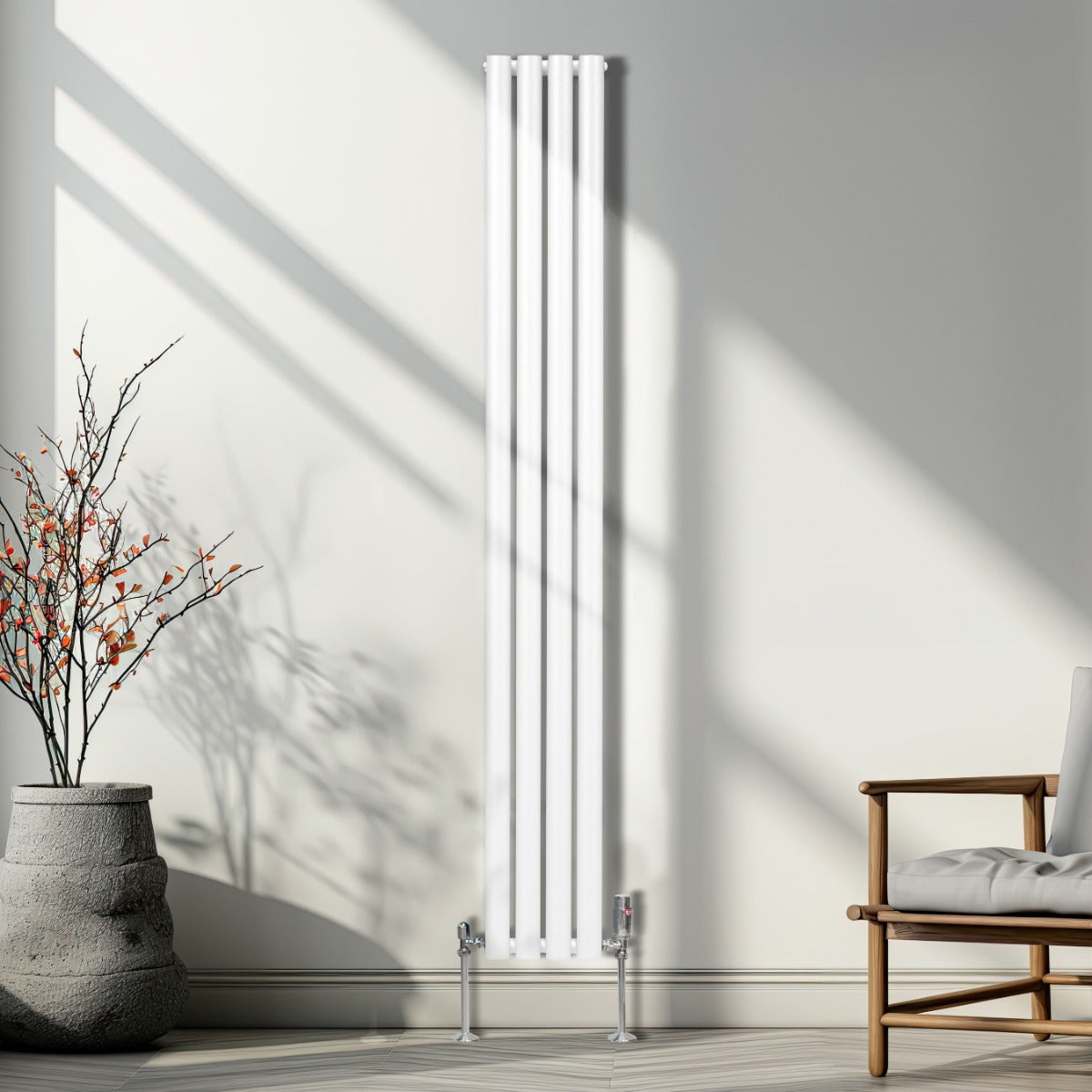 Ovaler Röhrenheizkörper in Weiß, 1800mm x 240mm, mit vier vertikalen Röhren, elegantem Design und stabilen Füßen, ideal für moderne Wohnräume