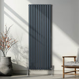Ovaler Röhrenheizkörper in Anthrazitgrau, 1800mm x 600mm, mit vertikalen Lamellen und modernen Füßen, ideal für stilvolle Wohnräume