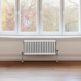 Traditioneller 2-Spalten-Heizkörper in Weiß, 300 x 832 mm, mit glatten, vertikalen Lamellen und verchromten Ventilen, vor einem großen Fenster platziert