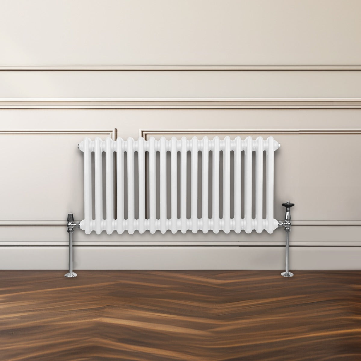 Traditioneller 2-Spalten-Heizkörper in Weiß, 300 x 832 mm, mit glänzender Oberfläche und verchromten Ventilen, ideal für klassische Innenräume