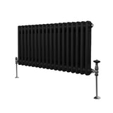 Traditioneller 2-Spalten-Heizkörper in Schwarz, 300 x 832 mm, mit glänzenden Ventilen und glatter, robuster Oberfläche für effiziente Wärmeabgabe