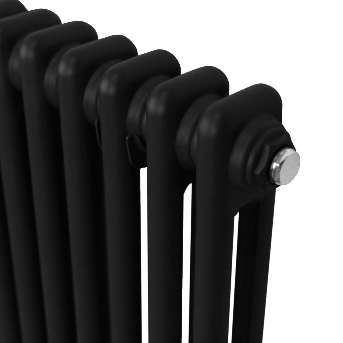 Traditioneller 2-Spalten-Heizkörper in Schwarz, 300 x 832 mm, mit glatter, mattschwarzer Oberfläche und eleganten, abgerundeten Kanten