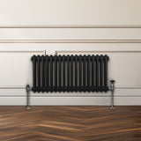 Traditioneller 2-Spalten-Heizkörper in Schwarz, 300 x 832 mm, mit glänzenden Metallventilen und glatter, eleganter Oberfläche, ideal für moderne Innenräume