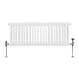 Traditioneller 2-Spalten-Heizkörper in Weiß, 300 x 1012 mm, mit glänzender Oberfläche und zwei seitlichen Ventilen für effiziente Wärmeverteilung