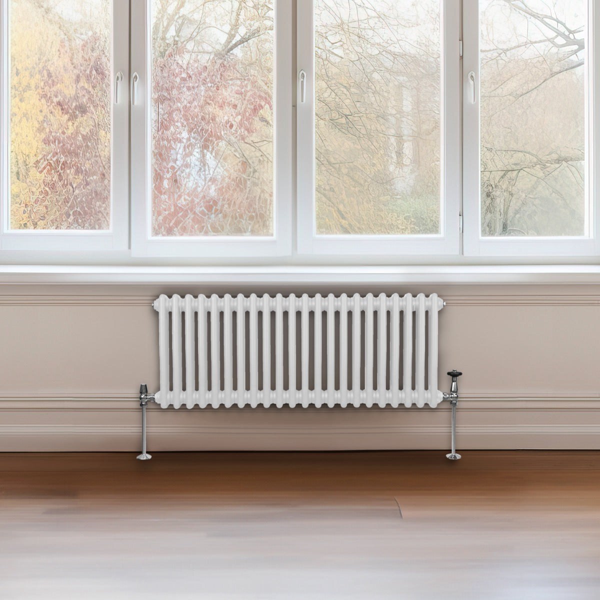 Traditioneller 2-Spalten-Heizkörper in Weiß, 300 x 1012 mm, mit glänzender Oberfläche und eleganten, runden Röhren, ideal für moderne Innenräume