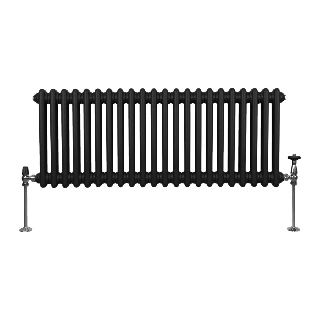 Traditioneller 2-Spalten-Heizkörper in Schwarz, 300 x 1012 mm, mit glänzenden Metallventilen und runden, vertikalen Röhren für effiziente Wärmeabgabe