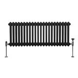 Traditioneller 2-Spalten-Heizkörper in Schwarz, 300 x 1012 mm, mit glänzenden Metallventilen und robusten, runden Heizrippen für effiziente Wärmeabgabe