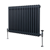 Traditioneller 2-Spalten-Heizkörper in Anthrazitgrau, 600 x 832 mm, mit glänzenden Ventilen und robustem, geripptem Design für effiziente Wärmeabgabe