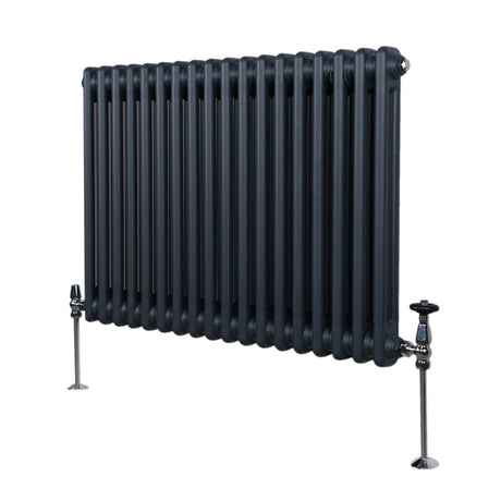 Traditioneller 2-Spalten-Heizkörper in Anthrazitgrau, 600 x 832 mm, mit glänzenden Ventilen und robustem, geripptem Design für effiziente Wärmeabgabe