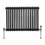 Traditioneller 2-Spalten-Heizkörper in Schwarz, 600 x 832 mm, mit glänzenden Ventilen und einem eleganten, gerippten Design für stilvolle Wärme