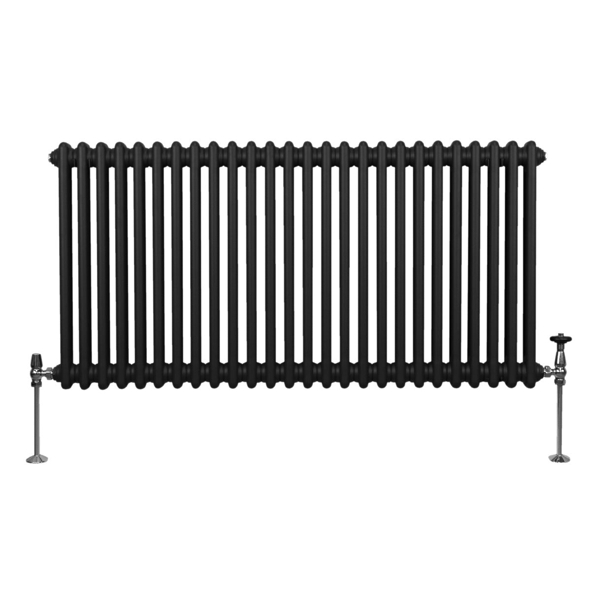 Traditioneller 2-Spalten-Heizkörper in Schwarz, 600 x 1192 mm, mit vertikalen Röhren und verchromten Ventilen für elegantes Design und effiziente Wärmeabgabe