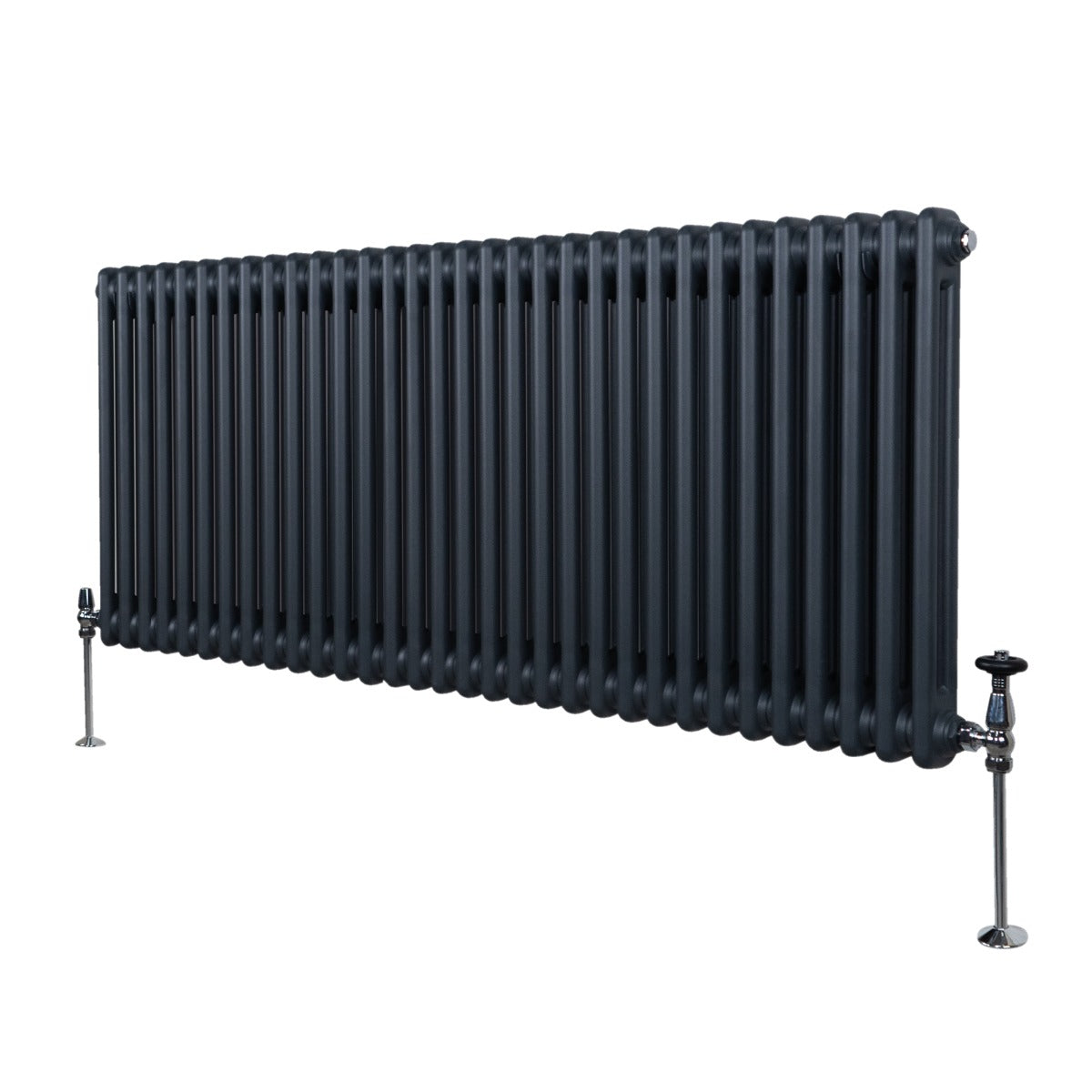 Traditioneller 2-Spalten-Heizkörper in Anthrazitgrau, 600 x 1462 mm, mit glatten, runden Röhren und stabilen Füßen aus Metall