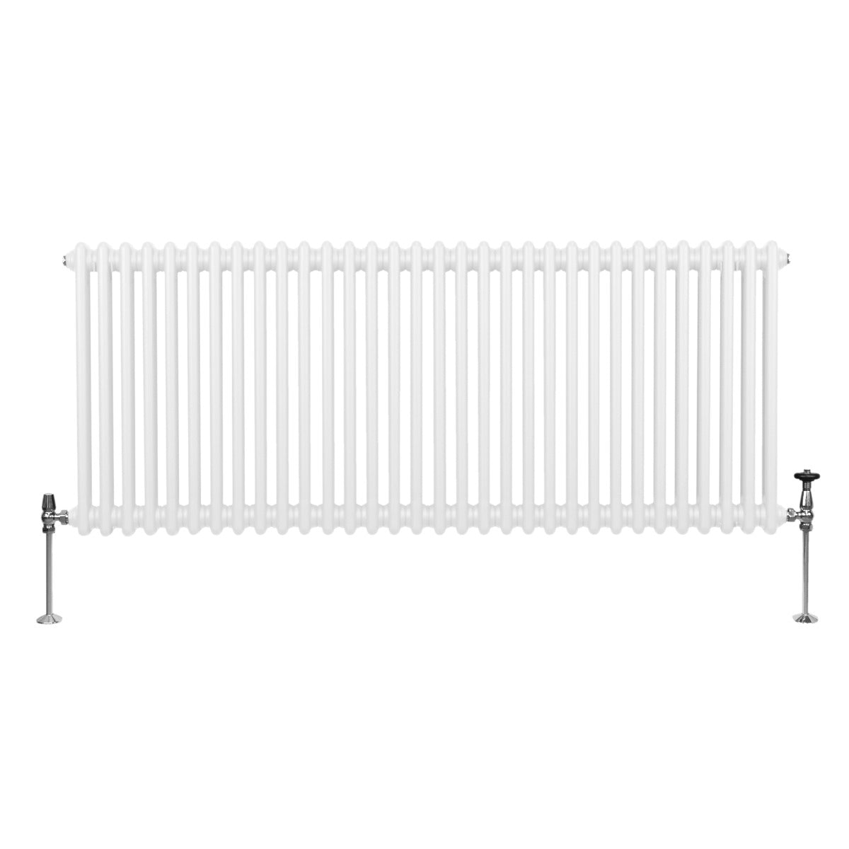 Traditioneller 2-Spalten-Heizkörper in Weiß, 600 x 1462 mm, mit glatter Oberfläche und robusten Metallfüßen, ideal für effiziente Raumheizung