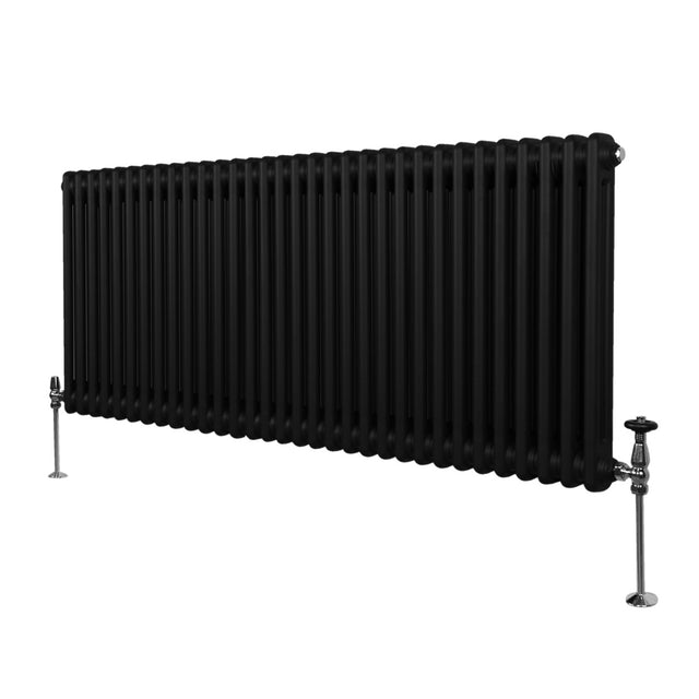Traditioneller 2-Spalten-Heizkörper in Schwarz, 600 x 1462 mm, mit glänzenden Metallfüßen und vertikalen Röhren für effiziente Wärmeverteilung