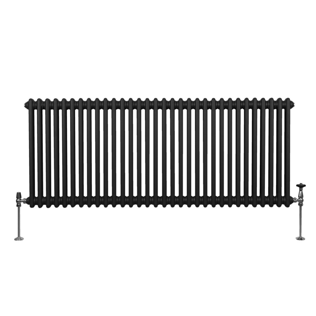 Traditioneller 2-Spalten-Heizkörper in Schwarz, 600 x 1462 mm, mit vertikalen Lamellen und stabilen Füßen für effiziente Wärmeabgabe