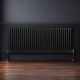 Traditioneller 2-Spalten-Heizkörper in Schwarz, 600 x 1462 mm, mit glänzenden verchromten Füßen und vertikalen Lamellen, ideal für moderne Innenräume