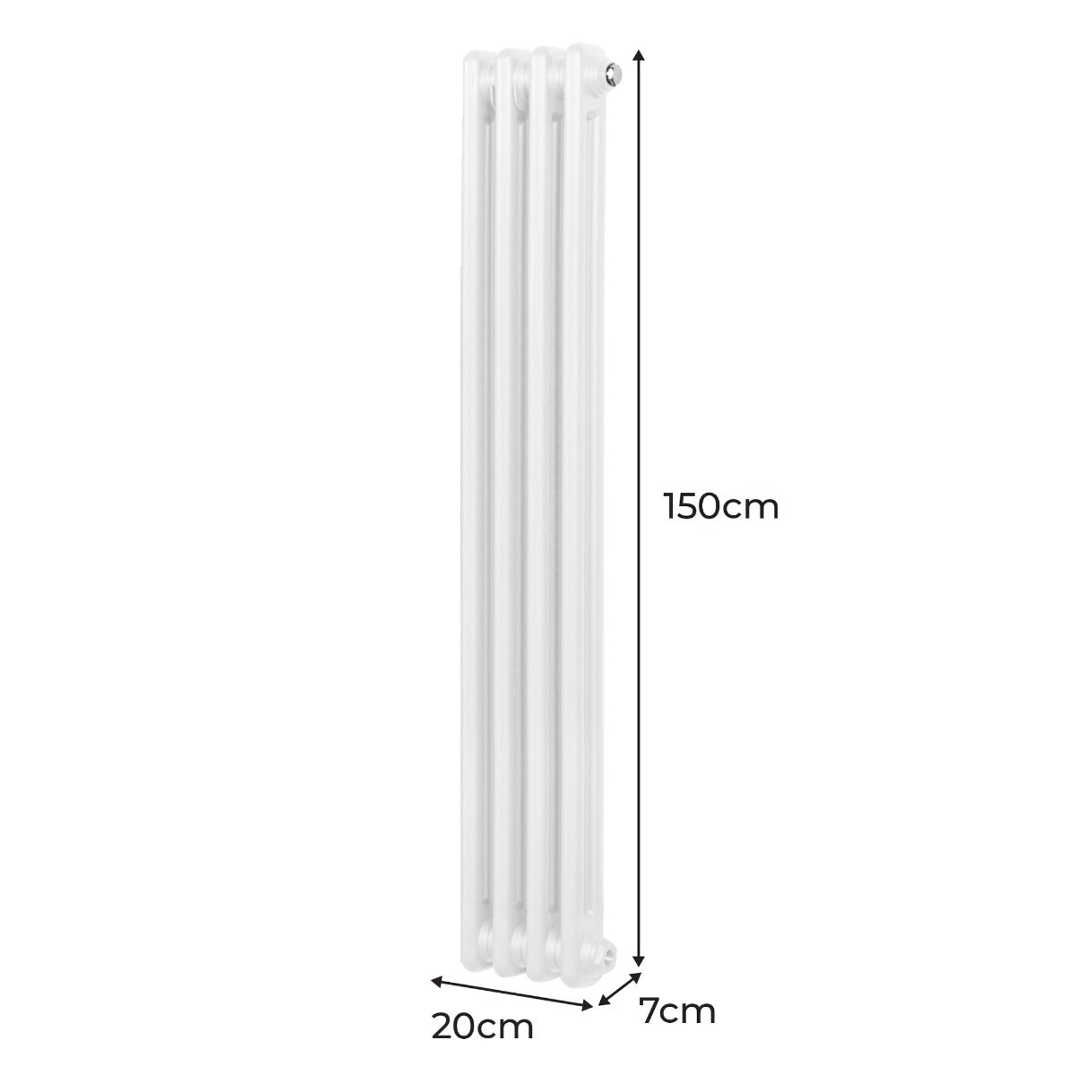 Traditioneller 2-Spalten-Heizkörper in Weiß, 150 cm hoch, 20 cm breit und 7 cm tief, mit glatter, glänzender Oberfläche und elegantem Design
