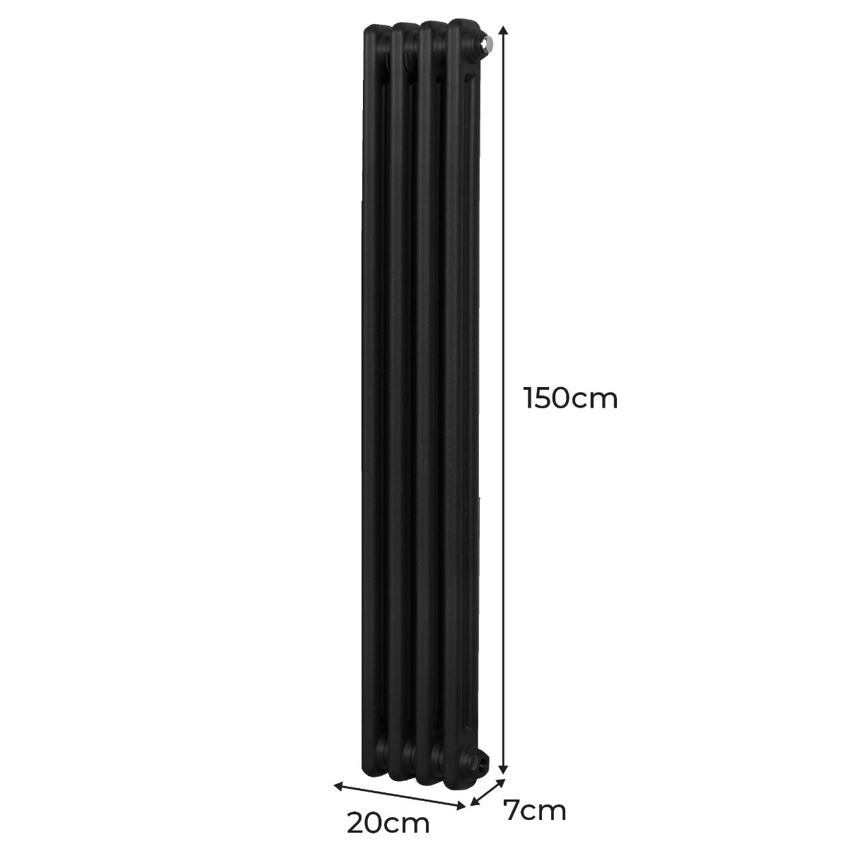 Traditioneller 2-Spalten-Heizkörper in elegantem Schwarz, 150 cm hoch, 20 cm breit, mit glatter, glänzender Oberfläche und kompaktem Design