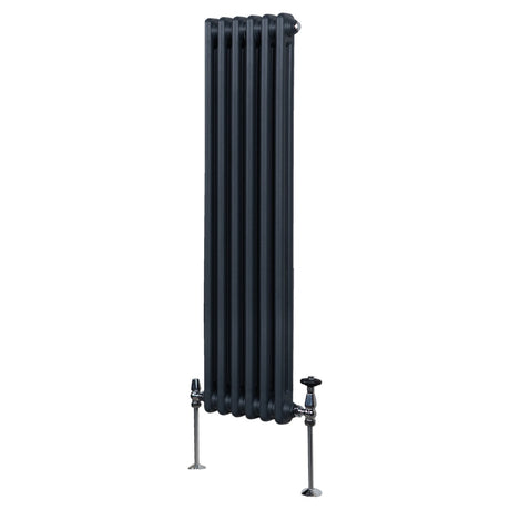 Traditioneller 2-Spalten-Heizkörper in Anthrazitgrau, 1500 x 292 mm, mit vertikalen Lamellen und verchromten Ventilen für modernes Heizdesign