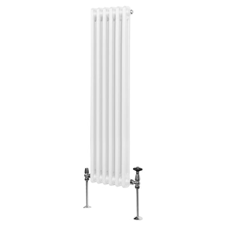Traditioneller 2-Spalten-Heizkörper in Weiß, 1500 x 292 mm, mit glatter Oberfläche und verchromten Ventilen, ideal für moderne und klassische Räume