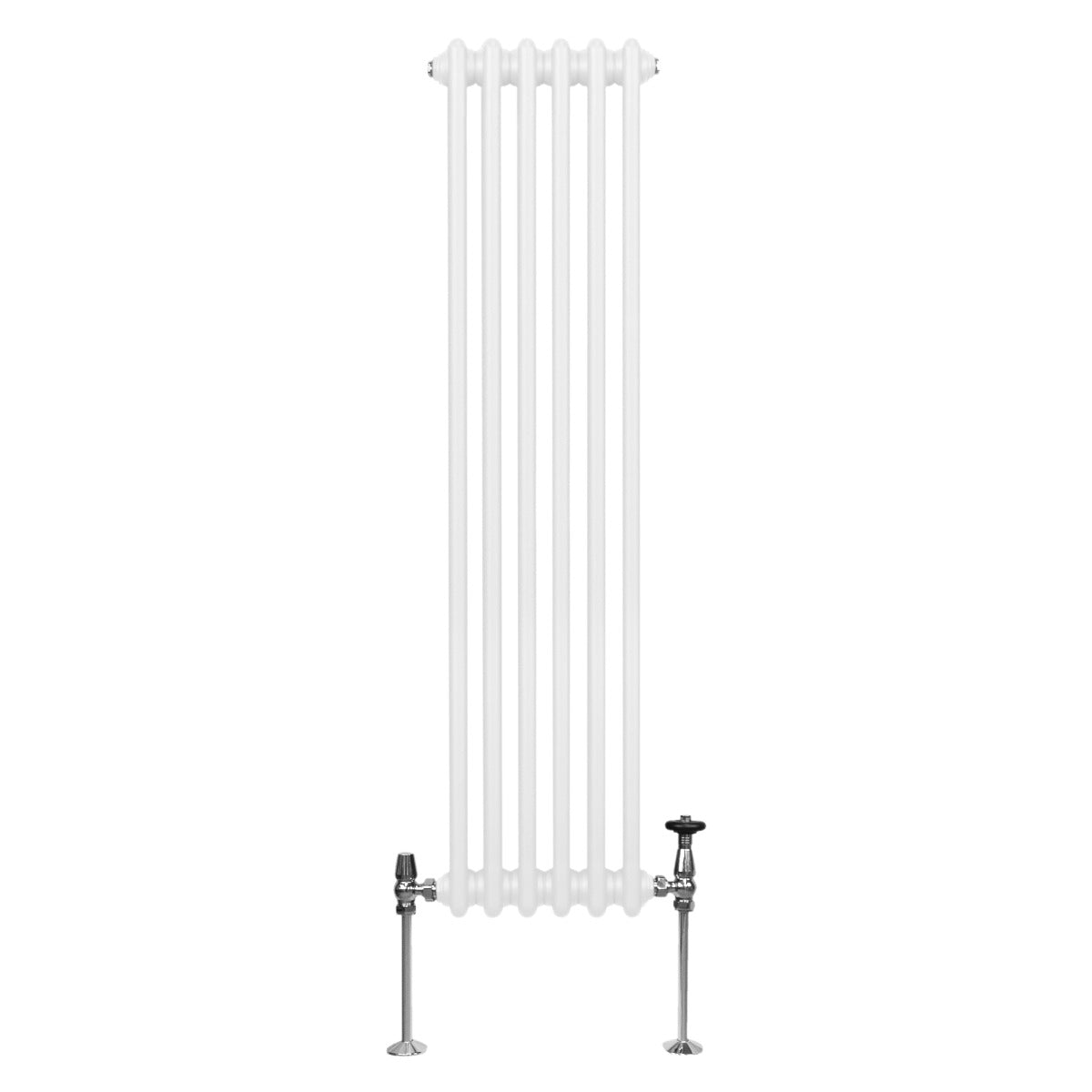 Traditioneller 2-Spalten-Heizkörper in Weiß, 1500 x 292 mm, mit glatten, runden Rohren und verchromten Ventilen für modernen Komfort und Stil