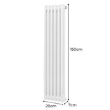 Traditioneller 2-Spalten-Heizkörper in Weiß, 150 cm hoch und 29 cm breit, mit glatter Oberfläche und vertikalen Lamellen für effiziente Wärmeverteilung