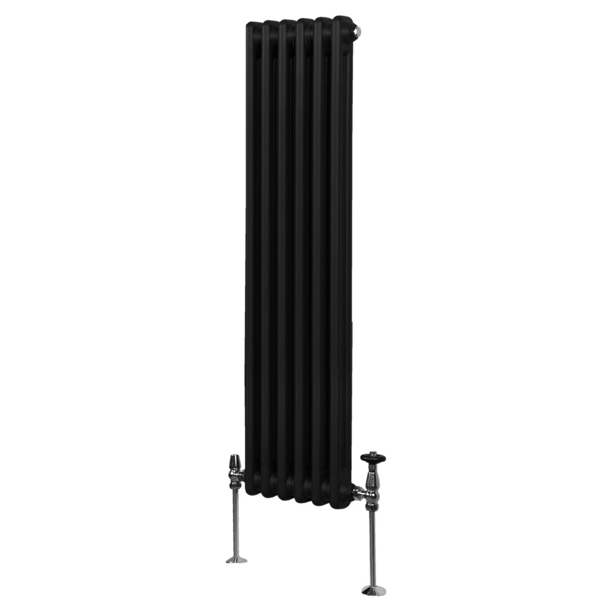 Traditioneller 2-Spalten-Heizkörper in Schwarz, 1500 x 292 mm, mit glatten, vertikalen Lamellen und verchromten Ventilen für elegantes Design und effiziente Wärme