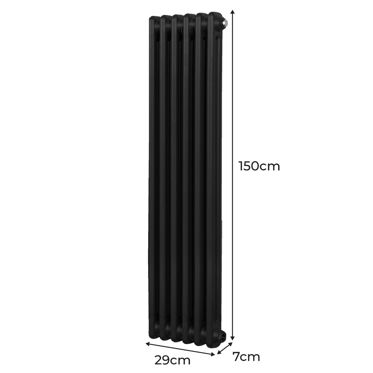 Traditioneller 2-Spalten-Heizkörper in elegantem Schwarz, 150 cm hoch, 29 cm breit, mit glatter, strukturierter Oberfläche und klassischem Design