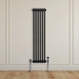 Traditioneller 2-Spalten-Heizkörper in Schwarz, 1500 x 292 mm, vertikal mit glänzenden Metallfüßen, ideal für moderne Innenräume