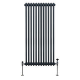 Traditioneller 2-Spalten-Heizkörper in Anthrazitgrau, 1500 x 562 mm, mit vertikalen Röhren und verchromten Ventilen für elegantes Design und effiziente Wärmeabgabe