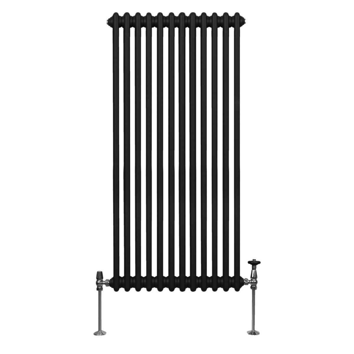 Traditioneller 2-Spalten-Heizkörper in Schwarz, 1500 x 562 mm, mit vertikalen Röhren und verchromten Ventilen, ideal für moderne Innenräume