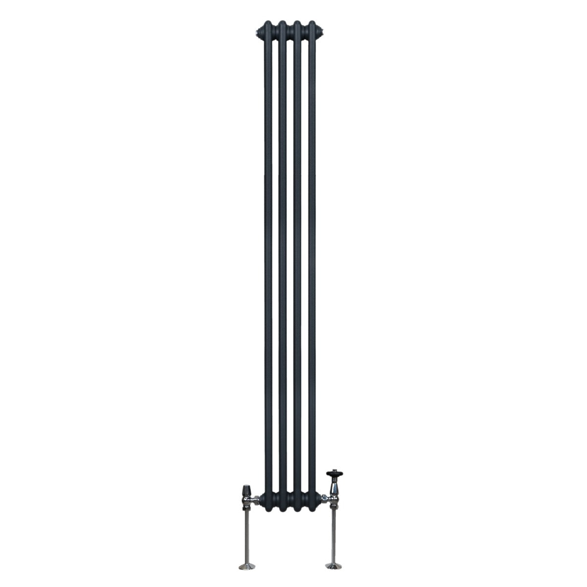 Traditioneller 2-Spalten-Heizkörper in Anthrazitgrau, 1800 x 202 mm, mit vertikalen, gerippten Lamellen und verchromten Ventilen für eleganten Stil