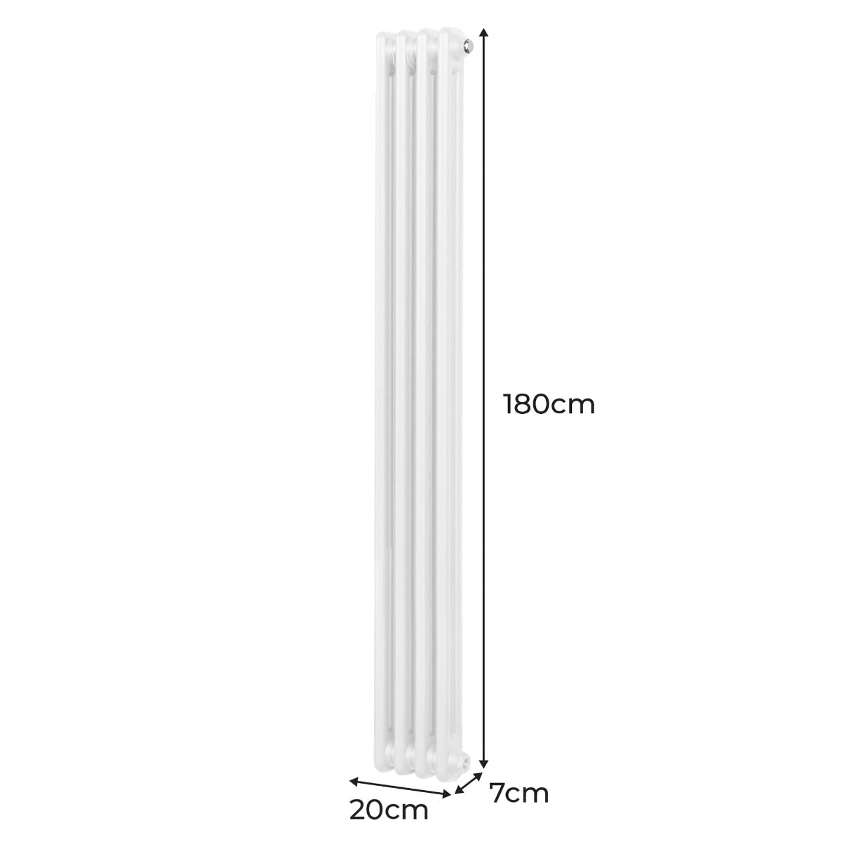 Traditioneller 2-Spalten-Heizkörper in Weiß, 180 cm hoch, 20 cm breit und 7 cm tief, mit glatter, glänzender Oberfläche und eleganter, schlanker Form