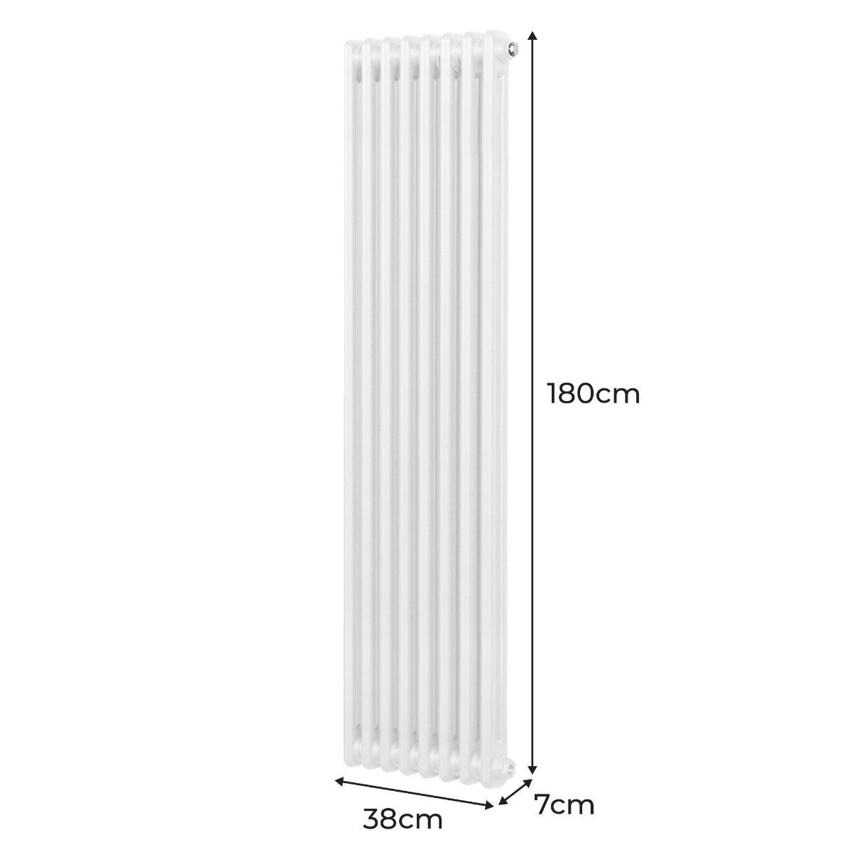 Traditioneller 2-Spalten-Heizkörper in Weiß, 180 cm hoch und 38 cm breit, mit glatter, glänzender Oberfläche und schlankem, vertikalem Design