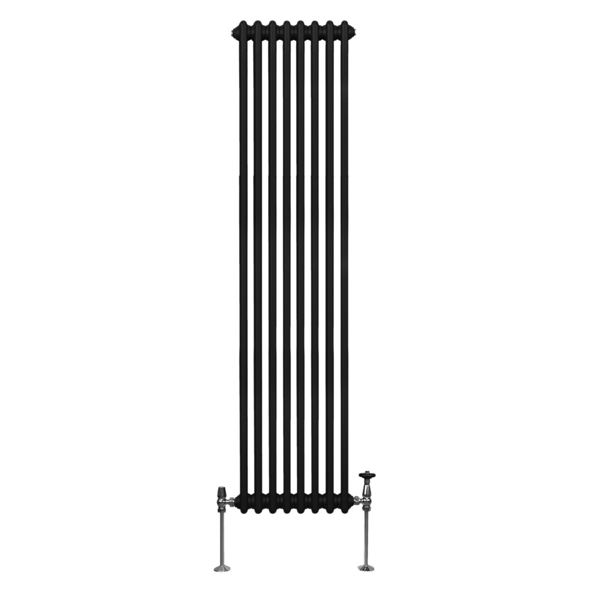 Traditioneller 2-Spalten-Heizkörper in elegantem Schwarz, 1800 x 382 mm, mit vertikalen Röhren und robusten Fußventilen für effiziente Wärmeverteilung
