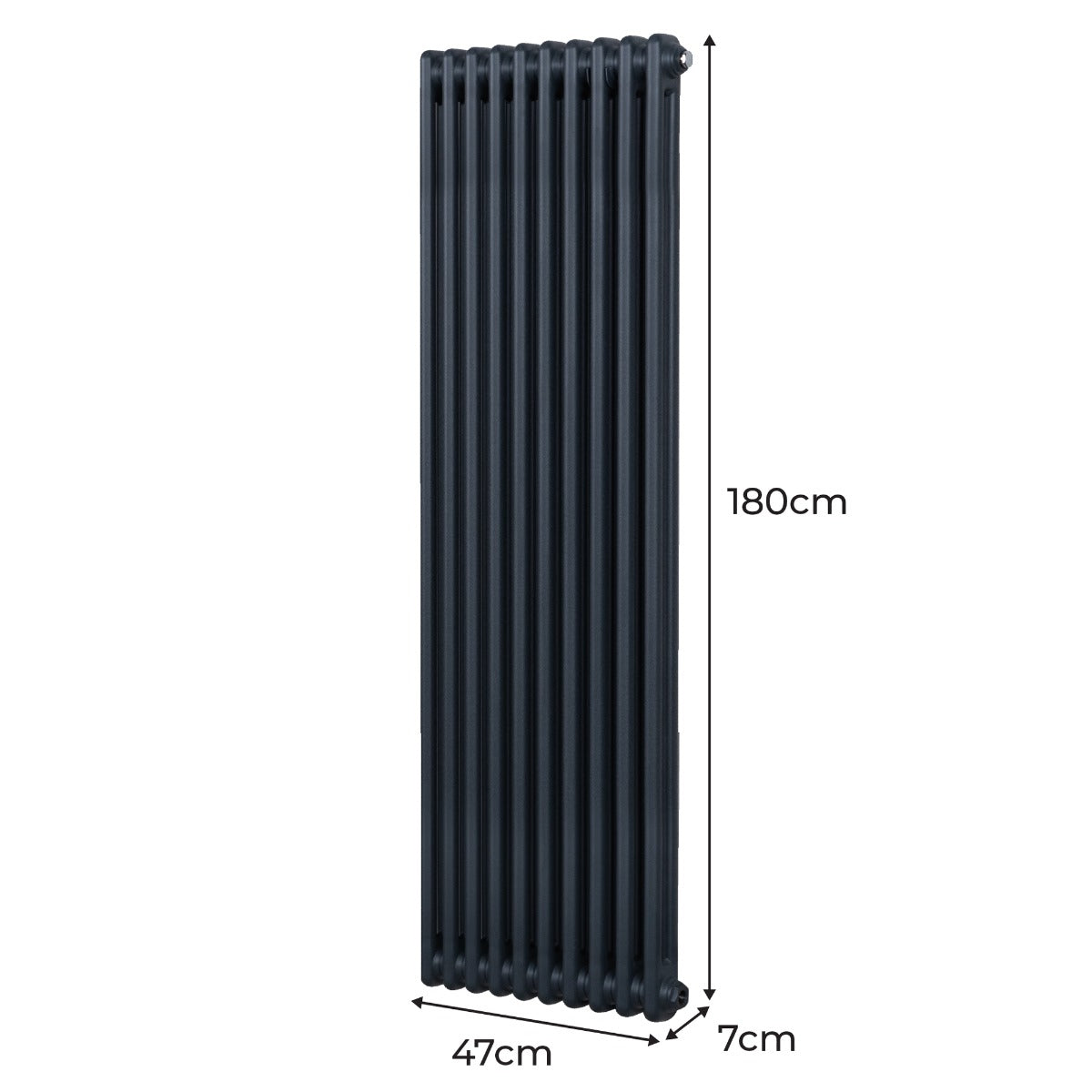 Traditioneller 2-Spalten-Heizkörper in Anthrazitgrau, 180 cm hoch und 47 cm breit, mit glatten, vertikalen Lamellen für effiziente Wärmeverteilung