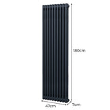 Traditioneller 2-Spalten-Heizkörper in Anthrazitgrau, 180 cm hoch und 47 cm breit, mit glatten, vertikalen Lamellen für effiziente Wärmeverteilung