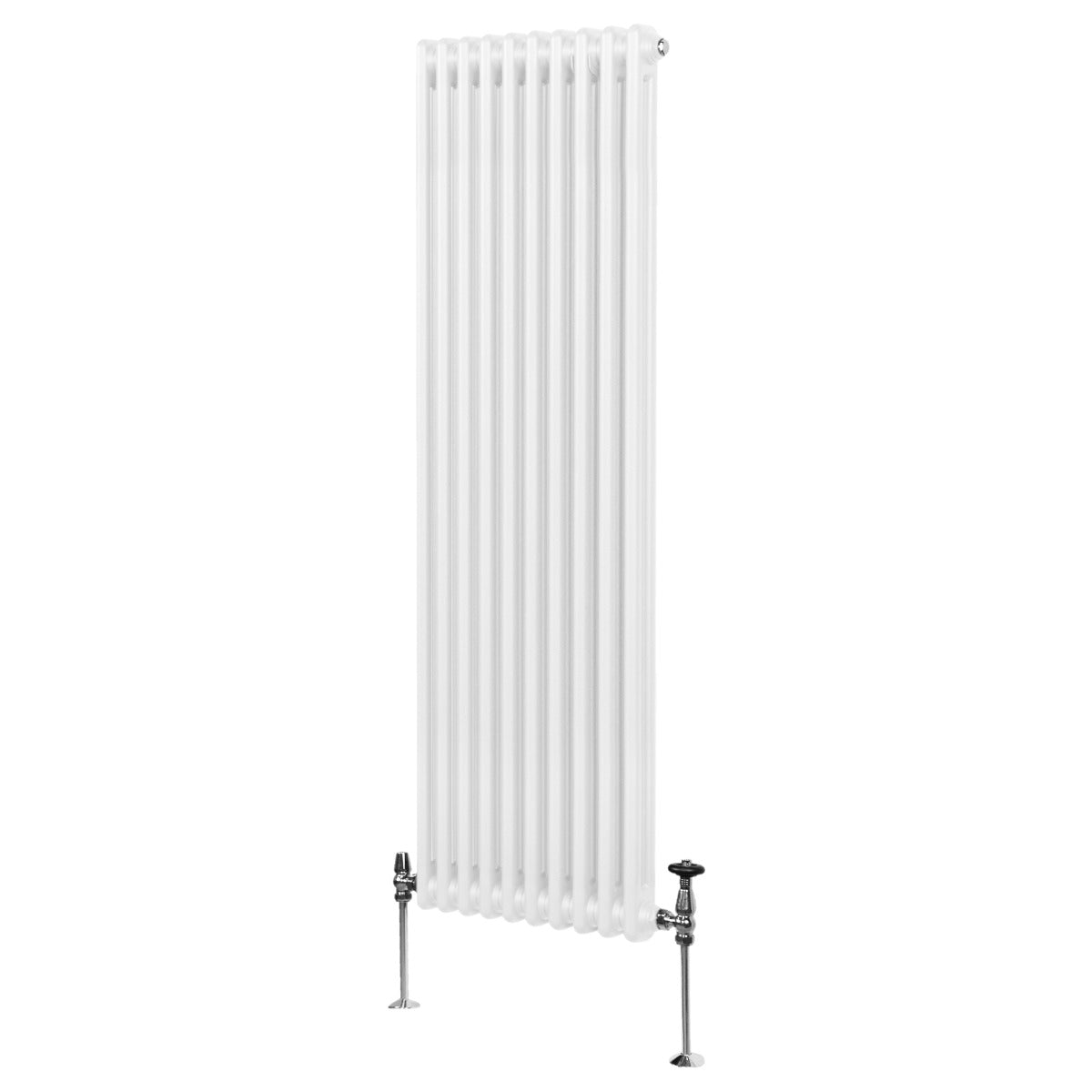 Traditioneller 2-Spalten-Heizkörper in Weiß, 1800 x 472 mm, mit vertikalen Lamellen und verchromten Ventilen für effiziente Wärmeabgabe
