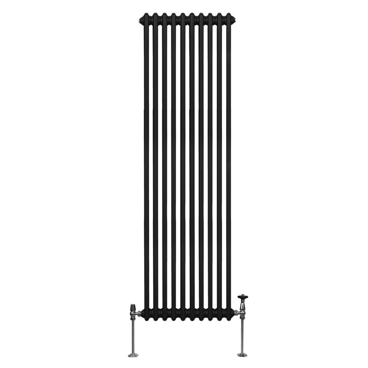 Traditioneller 2-Spalten-Heizkörper in Schwarz, 1800 x 472 mm, mit vertikalen Röhren und glänzenden Metallfüßen für eleganten Look und effiziente Wärmeabgabe