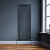 Traditioneller 2-Spalten-Heizkörper in Anthrazitgrau, 1800 x 562 mm, mit vertikalen Röhren und glänzenden Metallfüßen, vor einer blauen Wand und Holzfußboden