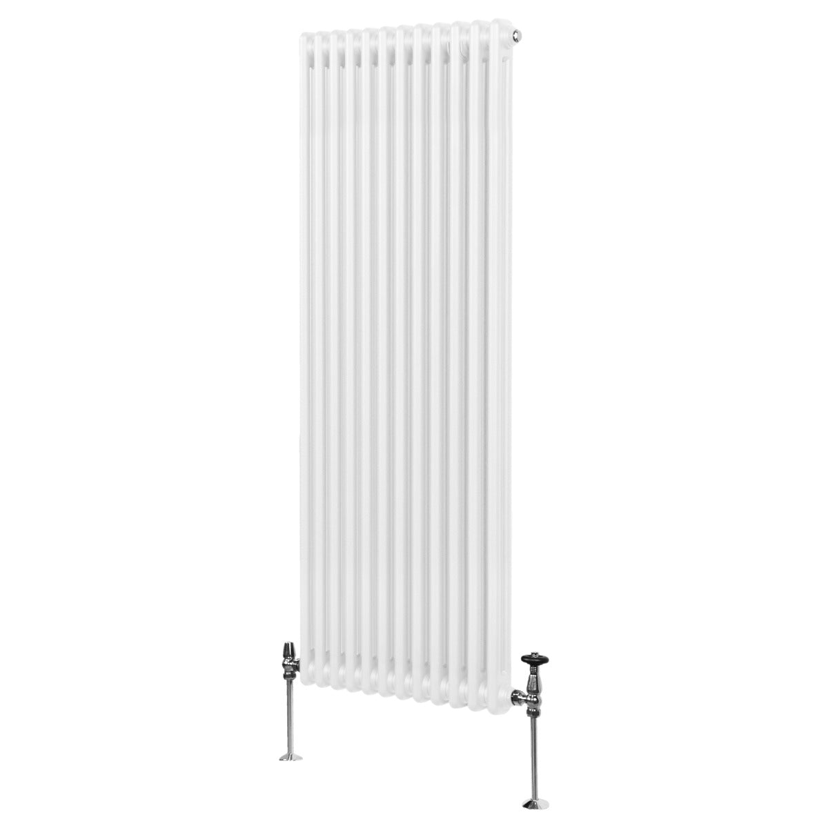 Traditioneller 2-Spalten-Heizkörper in Weiß, 1800 x 562 mm, mit vertikalen Lamellen und verchromten Ventilen für effiziente Wärmeabgabe
