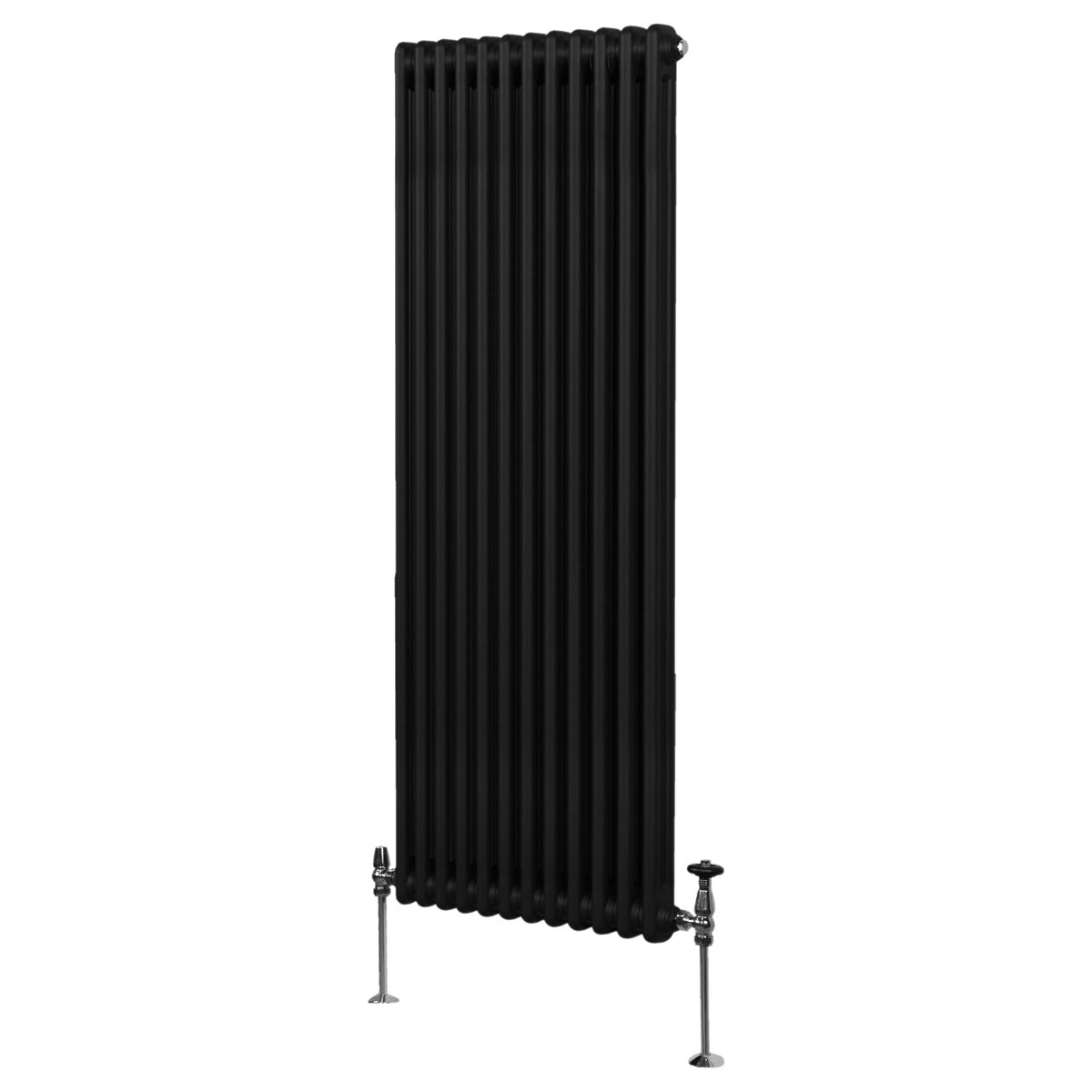 Traditioneller 2-Spalten-Heizkörper in elegantem Schwarz, 1800 x 562 mm, mit vertikalen Lamellen und stabilen Füßen aus Metall