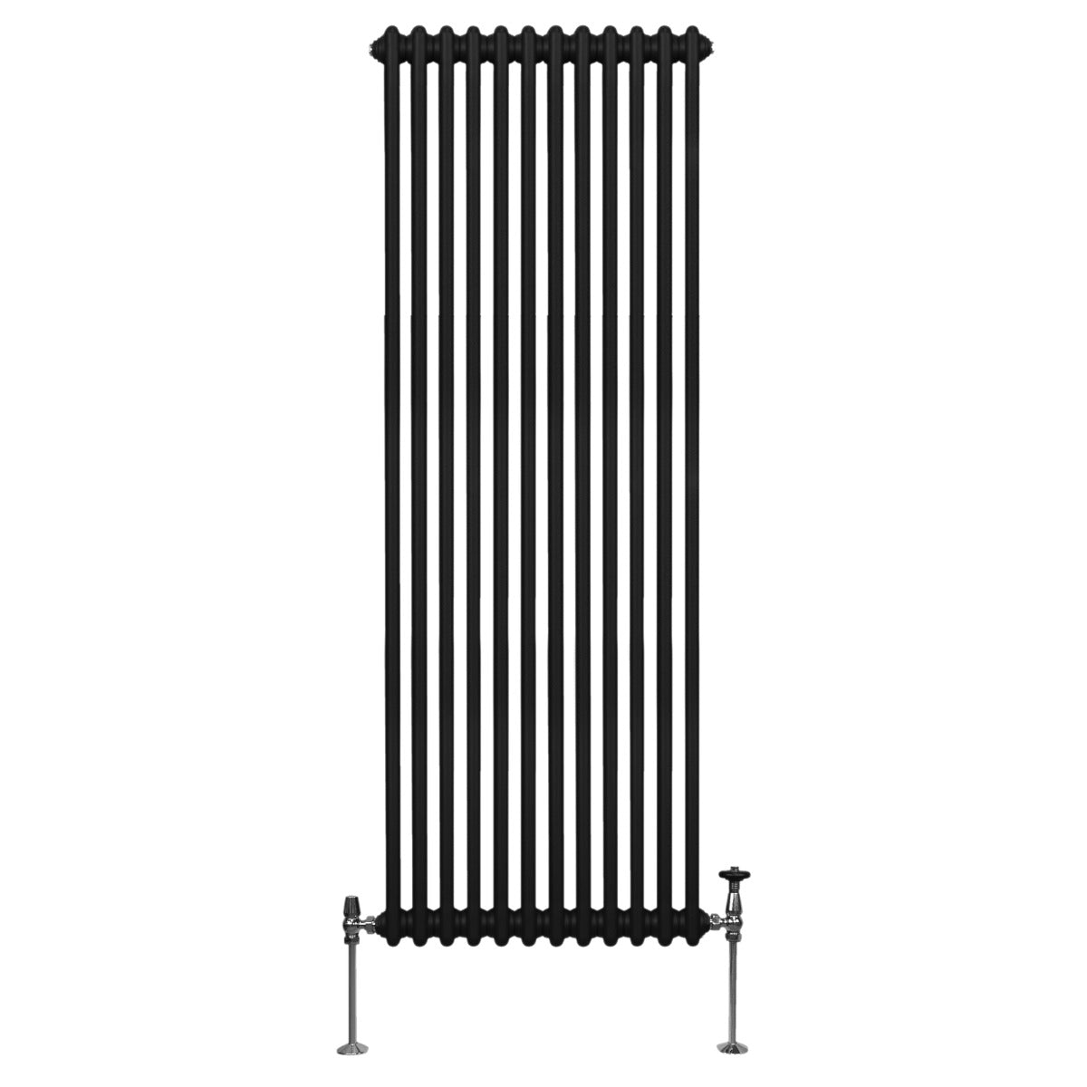 Traditioneller 2-Spalten-Heizkörper in Schwarz, 1800 x 562 mm, mit vertikalen Röhren und glänzenden Füßen aus Metall, ideal für moderne Innenräume