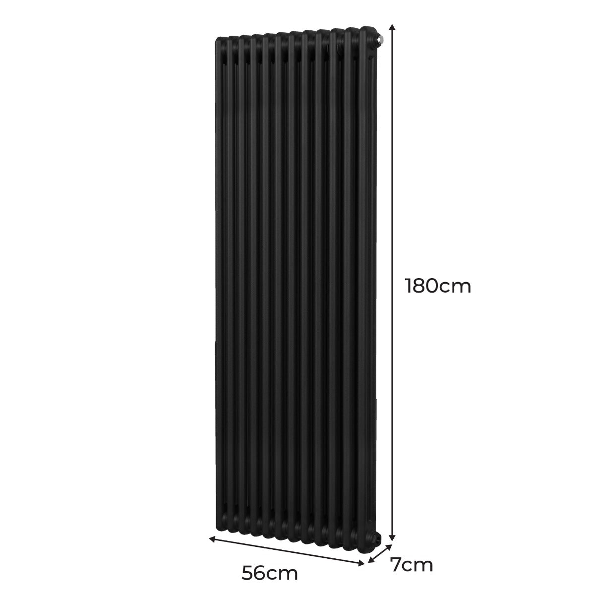 Traditioneller 2-Spalten-Heizkörper in elegantem Schwarz, 180 cm hoch und 56 cm breit, mit glatter Oberfläche und vertikalen Lamellen für effiziente Wärmeverteilung