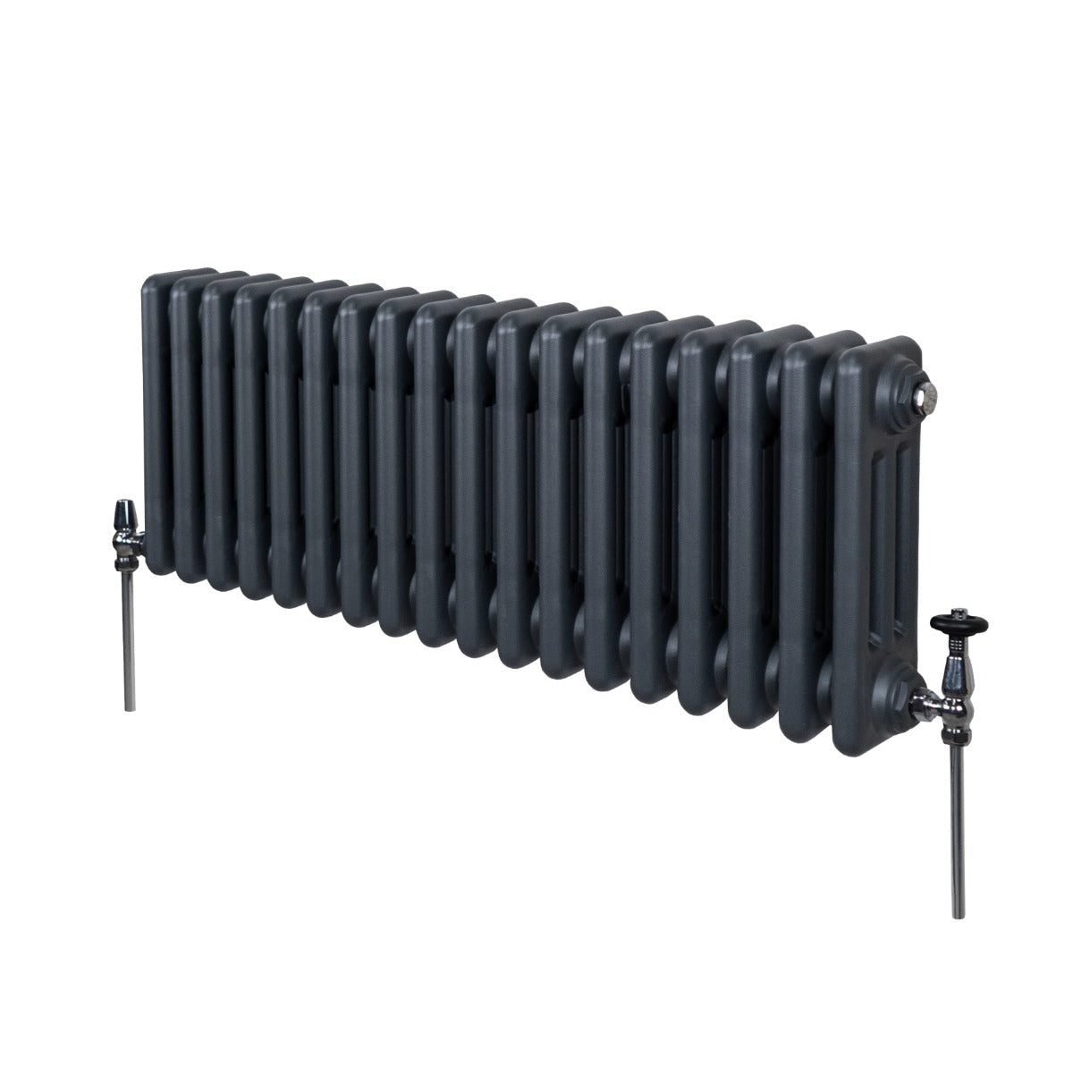 Traditioneller 3-Spalten-Heizkörper in Anthrazitgrau, 300 x 832 mm, mit glatter Oberfläche und verchromten Ventilen, ideal für moderne Innenräume
